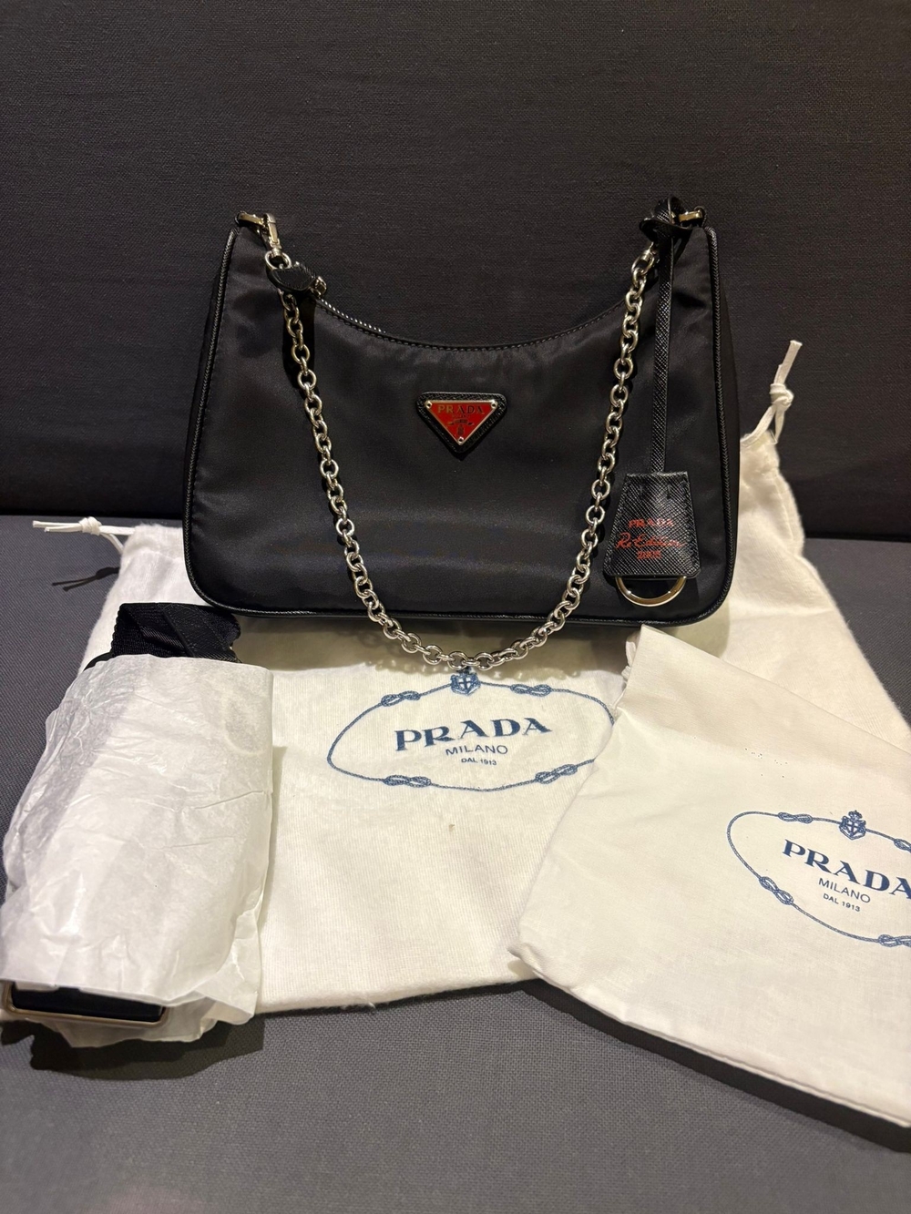 Prada Black Nylon Shoulder Bag with Silver Chain Strap